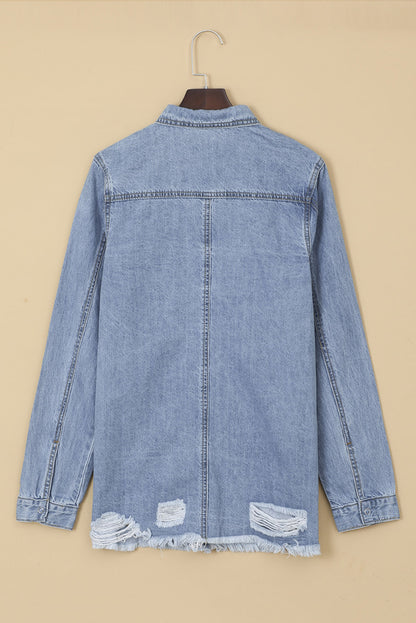 Oversized Distressed Denim Jacket Mid-Length