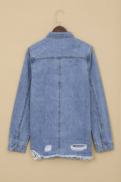 Oversized Distressed Denim Jacket Mid-Length