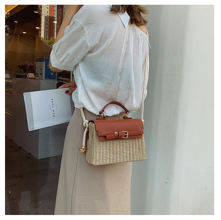 Small Summer Straw Handbag with Leather Flap & Rope Shoulder Strap