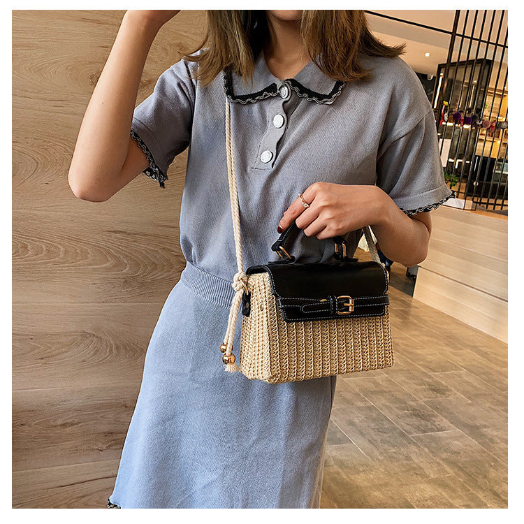 Small Summer Straw Handbag with Leather Flap & Rope Shoulder Strap
