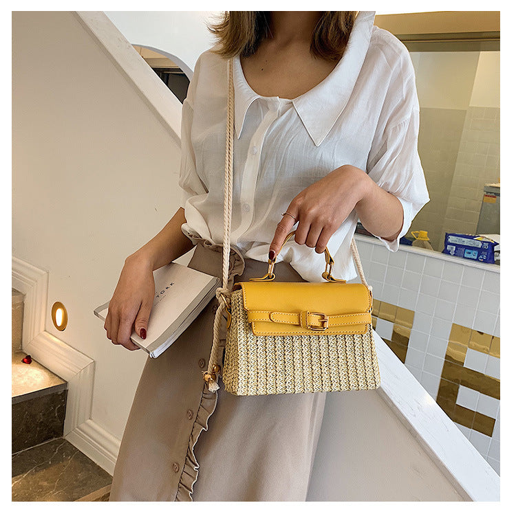 Small Summer Straw Handbag with Leather Flap & Rope Shoulder Strap