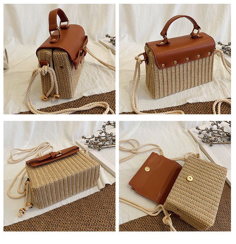 Small Summer Straw Handbag with Leather Flap & Rope Shoulder Strap