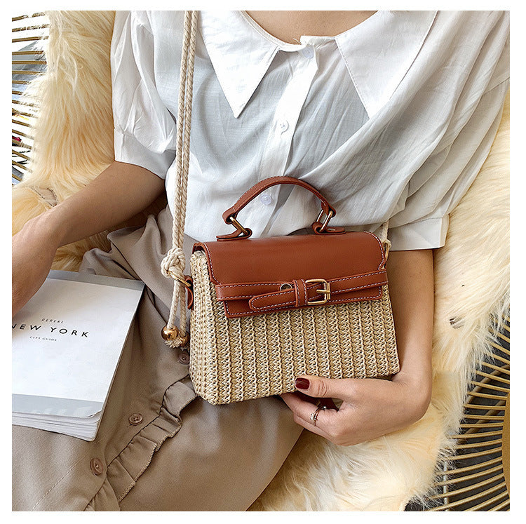 Small Summer Straw Handbag with Leather Flap & Rope Shoulder Strap