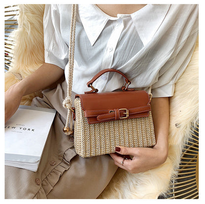 Small Summer Straw Handbag with Leather Flap & Rope Shoulder Strap