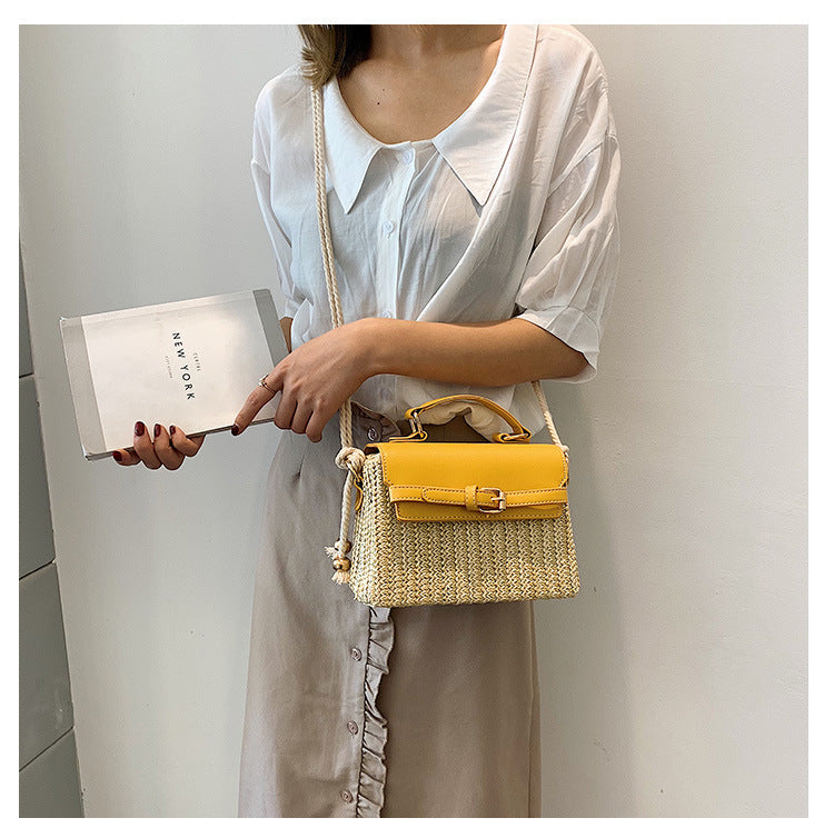 Small Summer Straw Handbag with Leather Flap & Rope Shoulder Strap