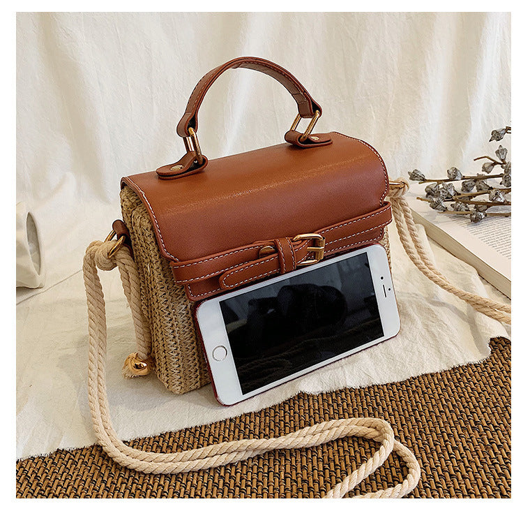 Small Summer Straw Handbag with Leather Flap & Rope Shoulder Strap