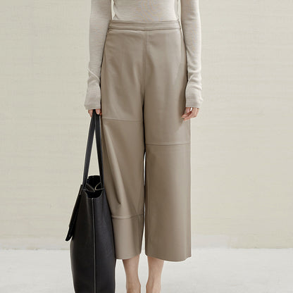 Irregular Cut Leather Wide Leg Pants for Women Cropped Straight Fit