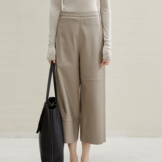 Irregular Cut Leather Wide Leg Pants for Women Cropped Straight Fit