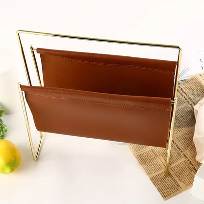Nordic leather and iron sling magazine rack