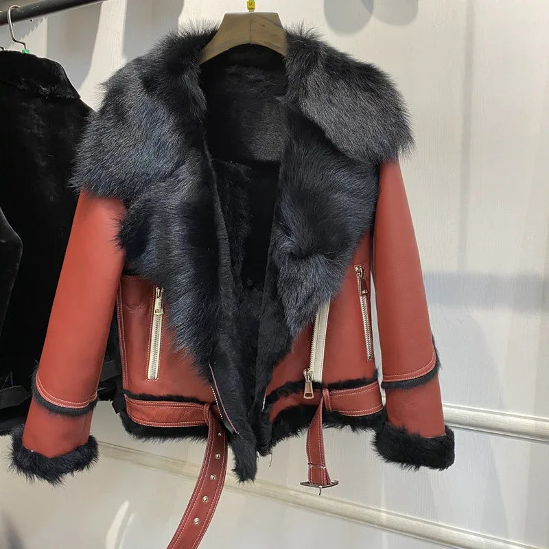 Women Shearling Leather Jacket Fur Bomber Coat