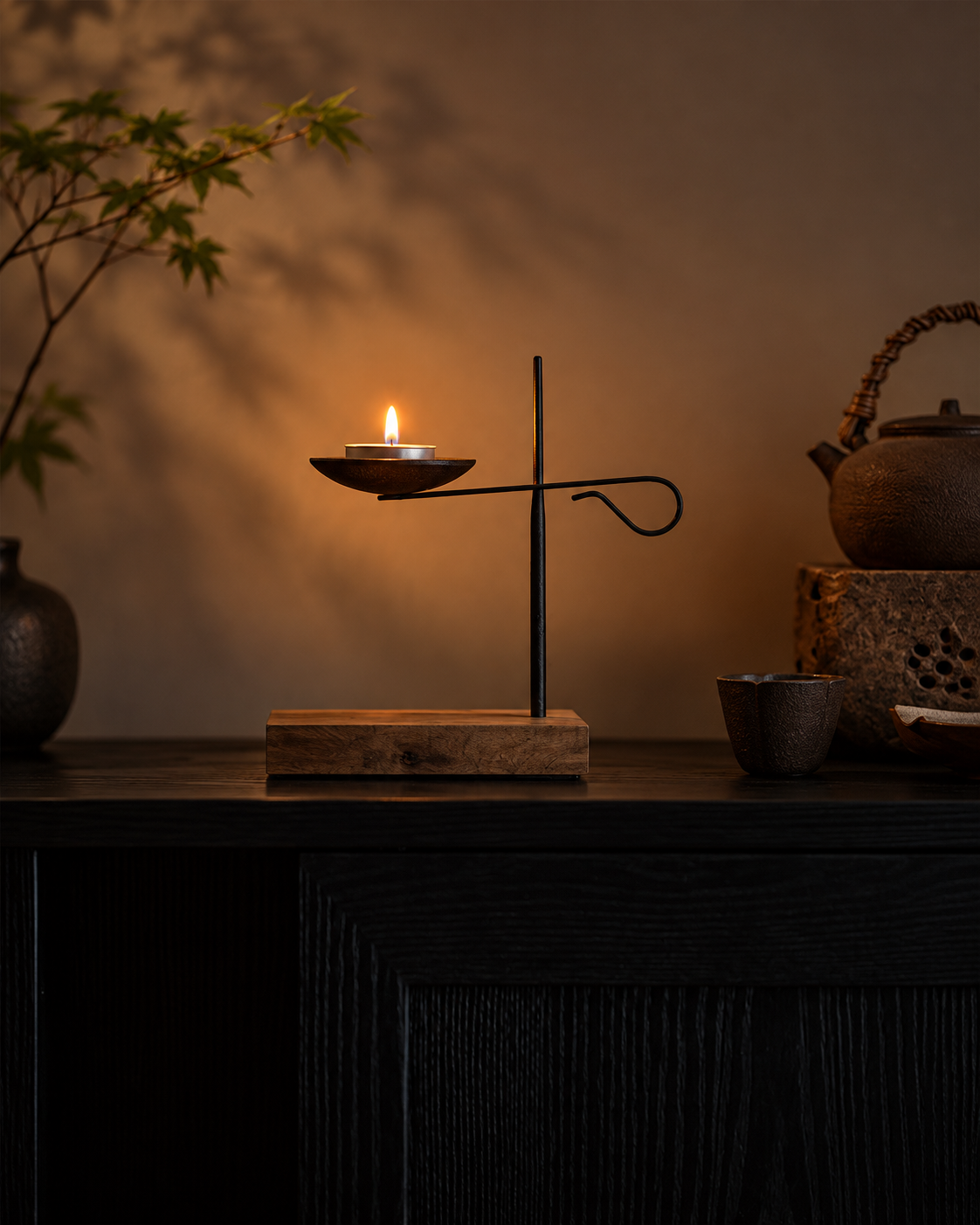 Black Wrought Iron Tea Light Candle Holder with Wooden Base