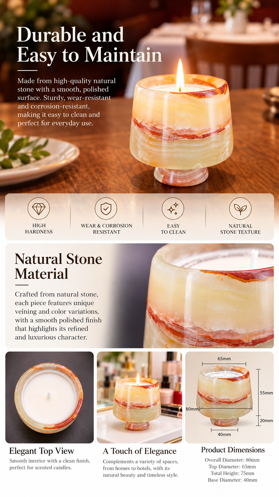 Marble Candle Cup Holder with Pedestal Base and Layered Stone