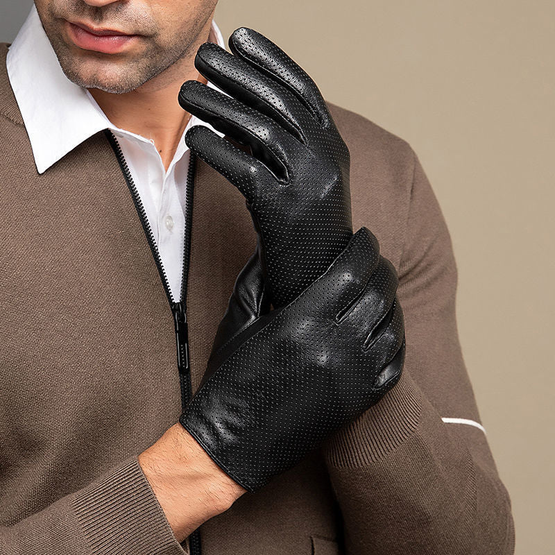 Men’s Leather Driving Gloves in Sheepskin with Perforated Touchscreen Design