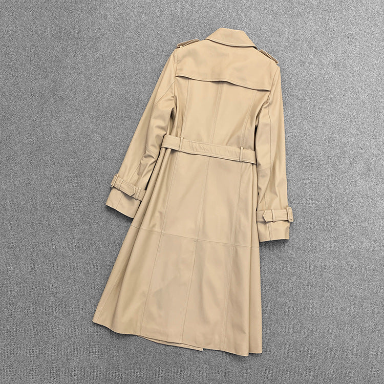 Women Genuine Leather Double Breasted Trench Coat With Belt