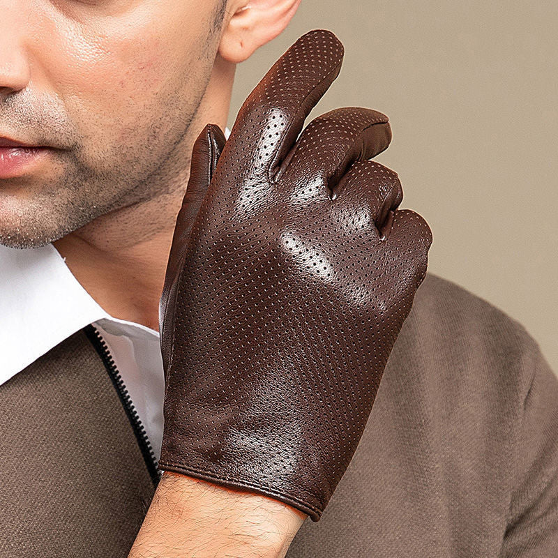 Men’s Leather Driving Gloves in Sheepskin with Perforated Touchscreen Design
