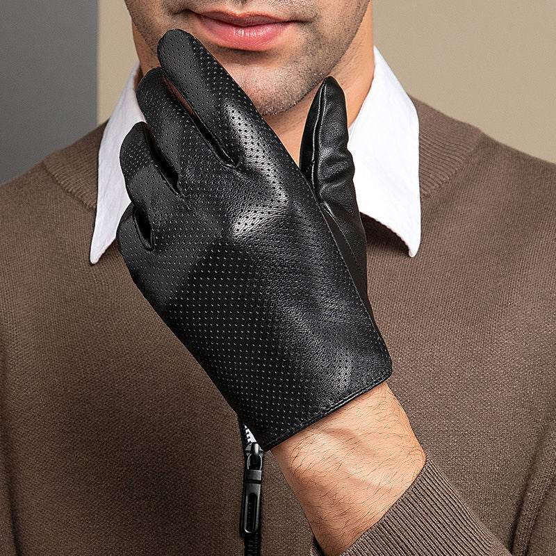 Men’s Leather Driving Gloves in Sheepskin with Perforated Touchscreen Design