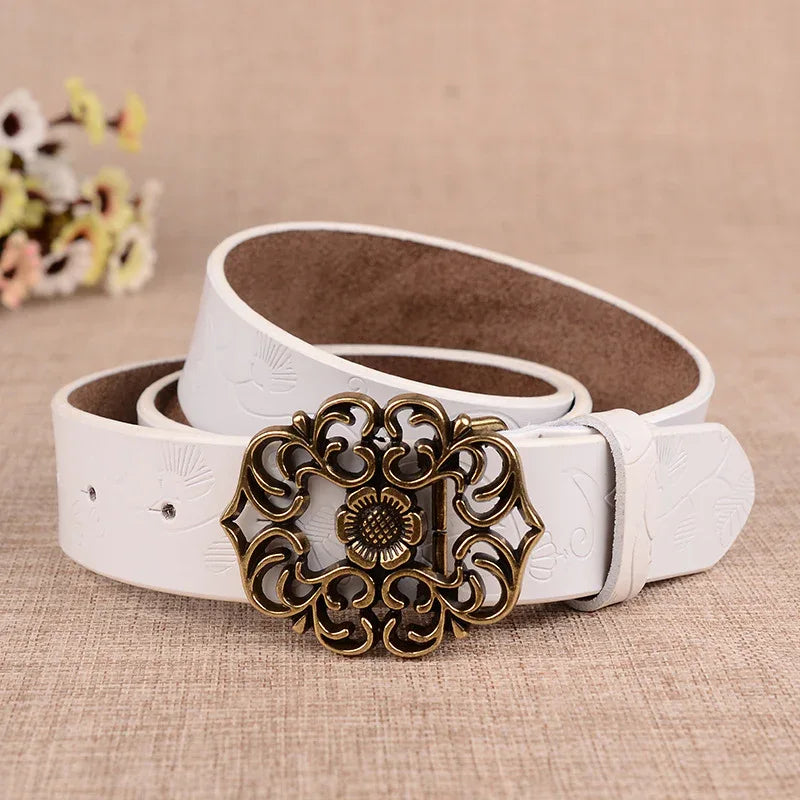women’s genuine leather carved floral belt White 105 cm