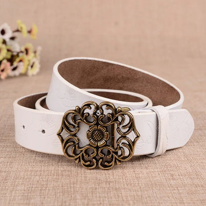 women’s genuine leather carved floral belt White 105 cm