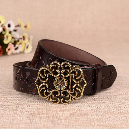 women’s genuine leather carved floral belt coffee brown 105 cm