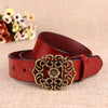 women’s genuine leather carved floral belt Dark red 105 cm