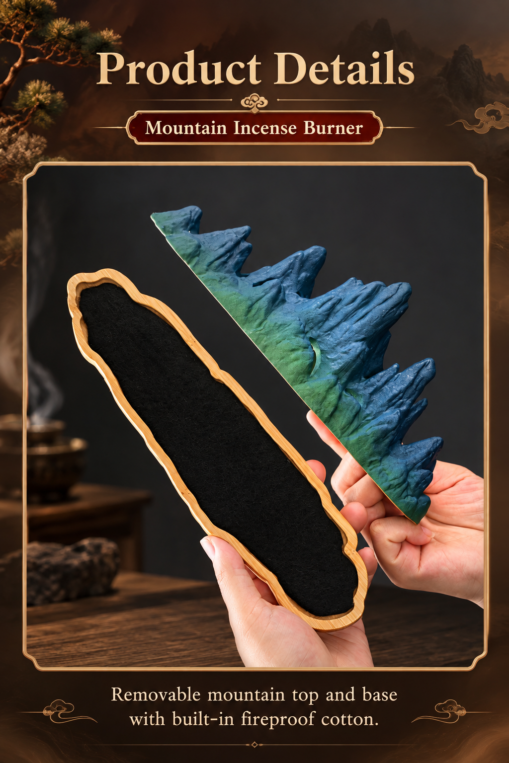 Mountain Incense Burner with Ceramic Landscape and Bamboo Base