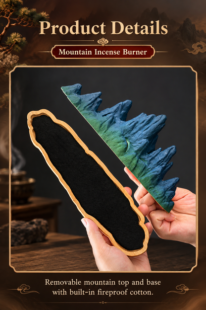 Mountain Incense Burner with Ceramic Landscape and Bamboo Base
