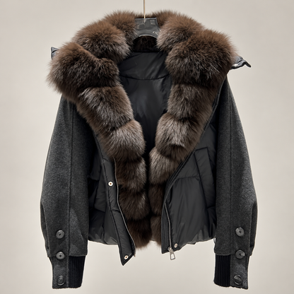 Fur Collar Jacket for Women with Duck Down and Wool Sleeves