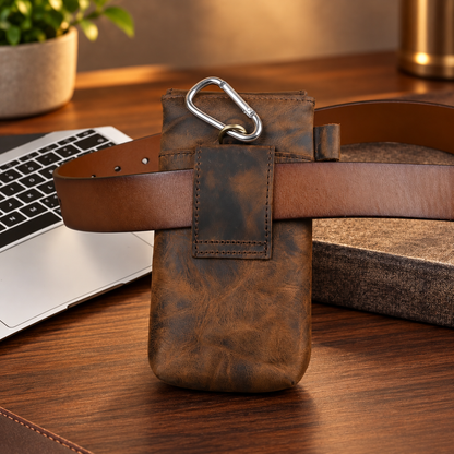 Men’s Leather Waist Bag with Vintage Phone Pouch and Zipper Pocket