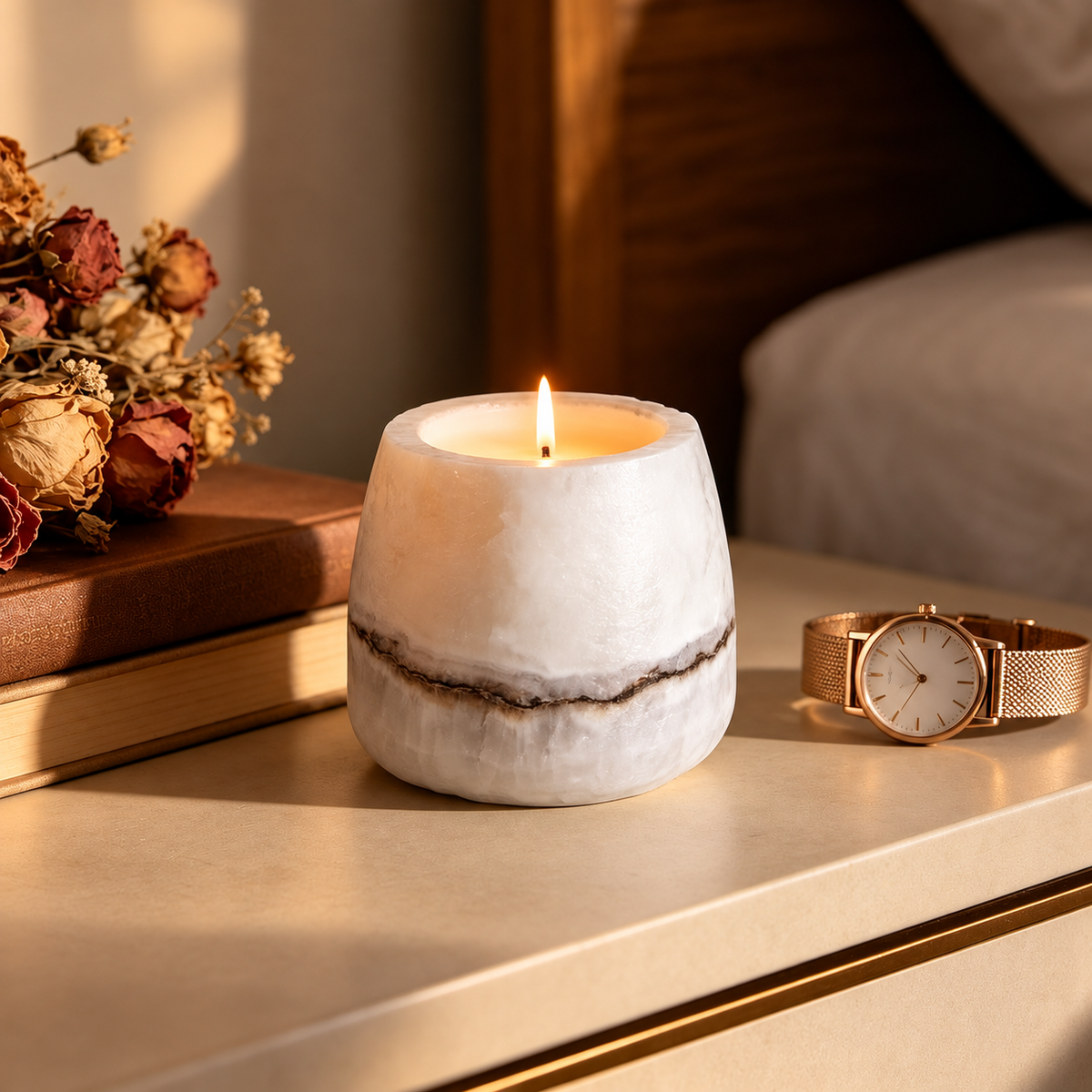 Small White Marble Candle Cup with Brown Veining for Home Decor 2