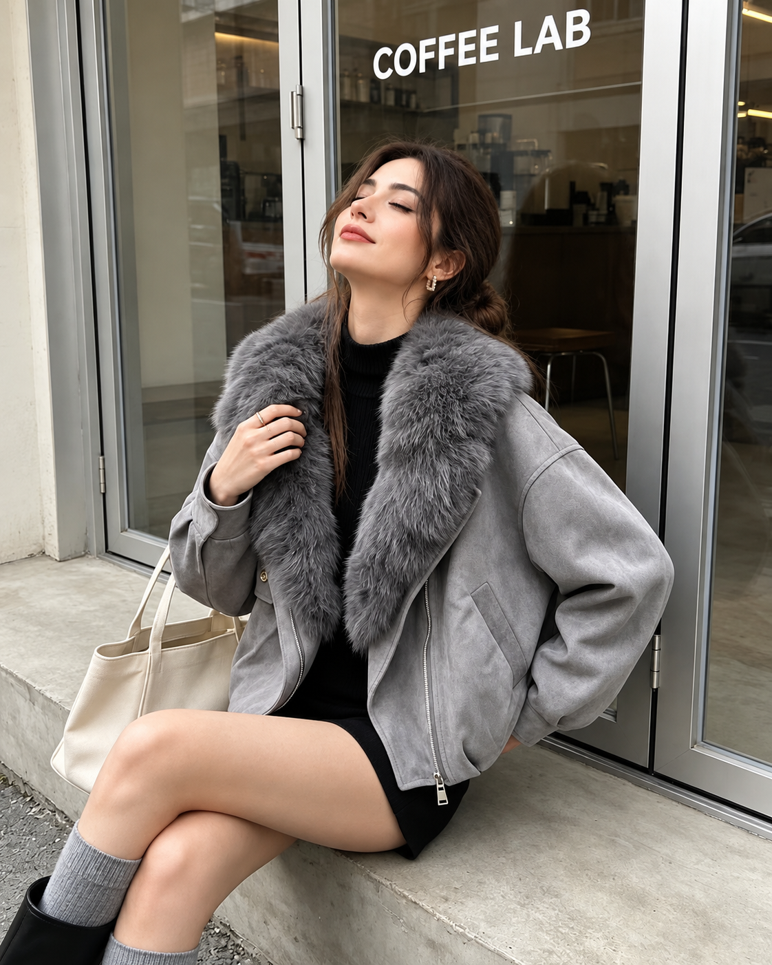 Women’s Brown Fur Collar Bomber Jacket
