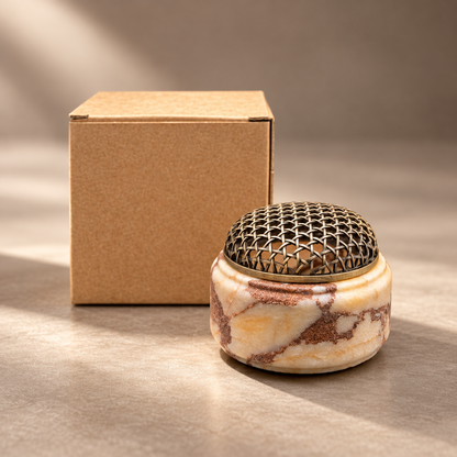 Incense Burner in Natural Marble with Decorative Metal Dome Lid