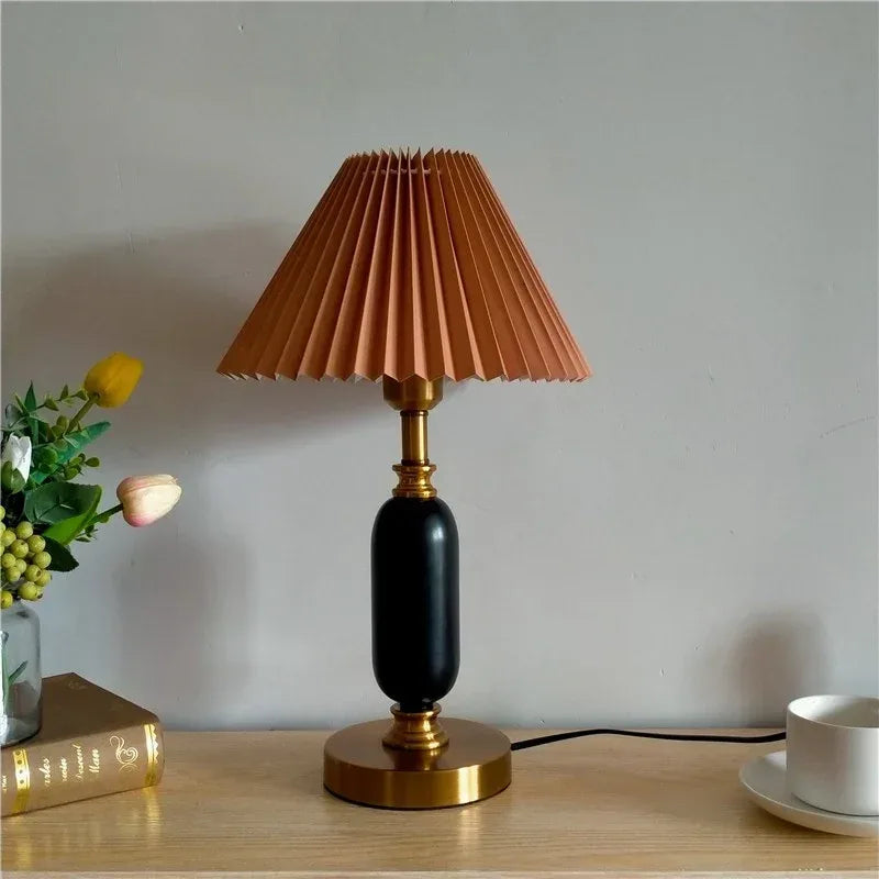 Retro pleated bedside table lamp column base 28cm black winter melon + khaki lampshade 110V-120V For US CA
