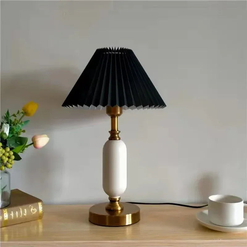 Retro pleated bedside table lamp column base 28cm white winter melon with black lampshade 110V-120V For US CA