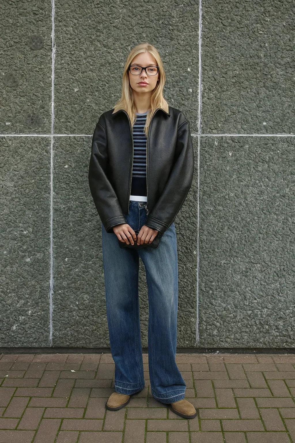 Women Oversized Moto Leather Zip Jacket Shearling