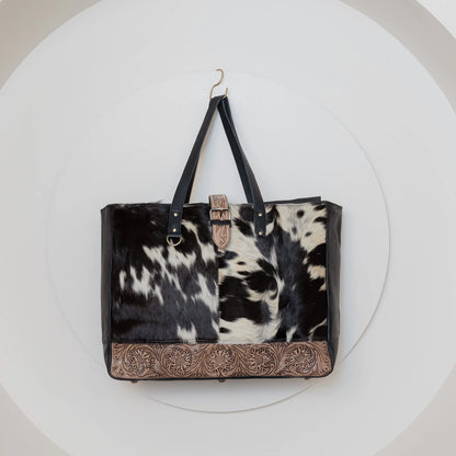 Large Cowhide Tote With Tooled Leather