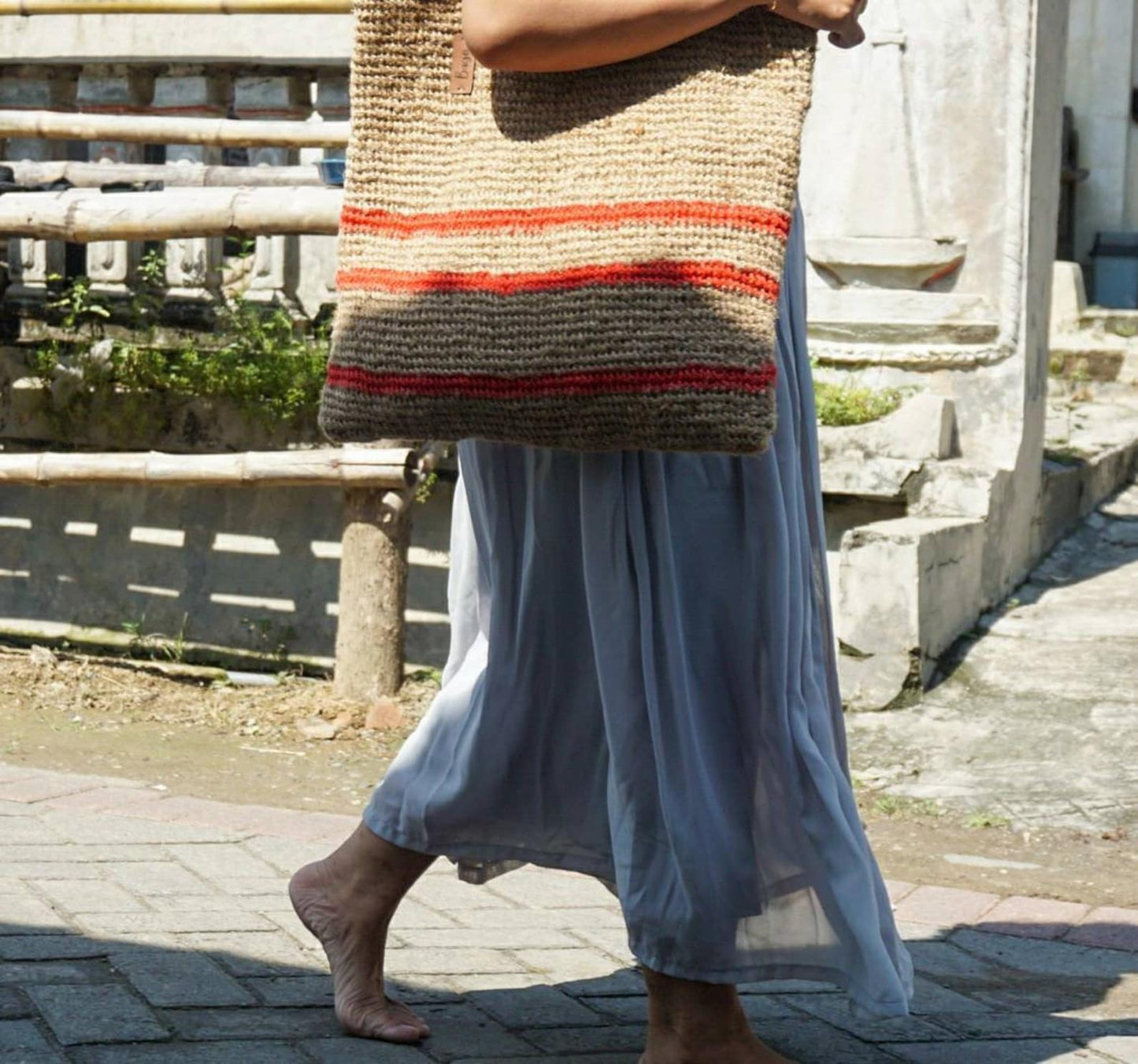 Large jute crochet shoulder bag crochet with stripe