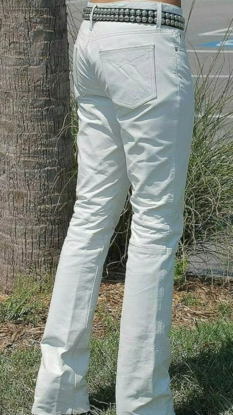 Men's Genuine Leather White Pants