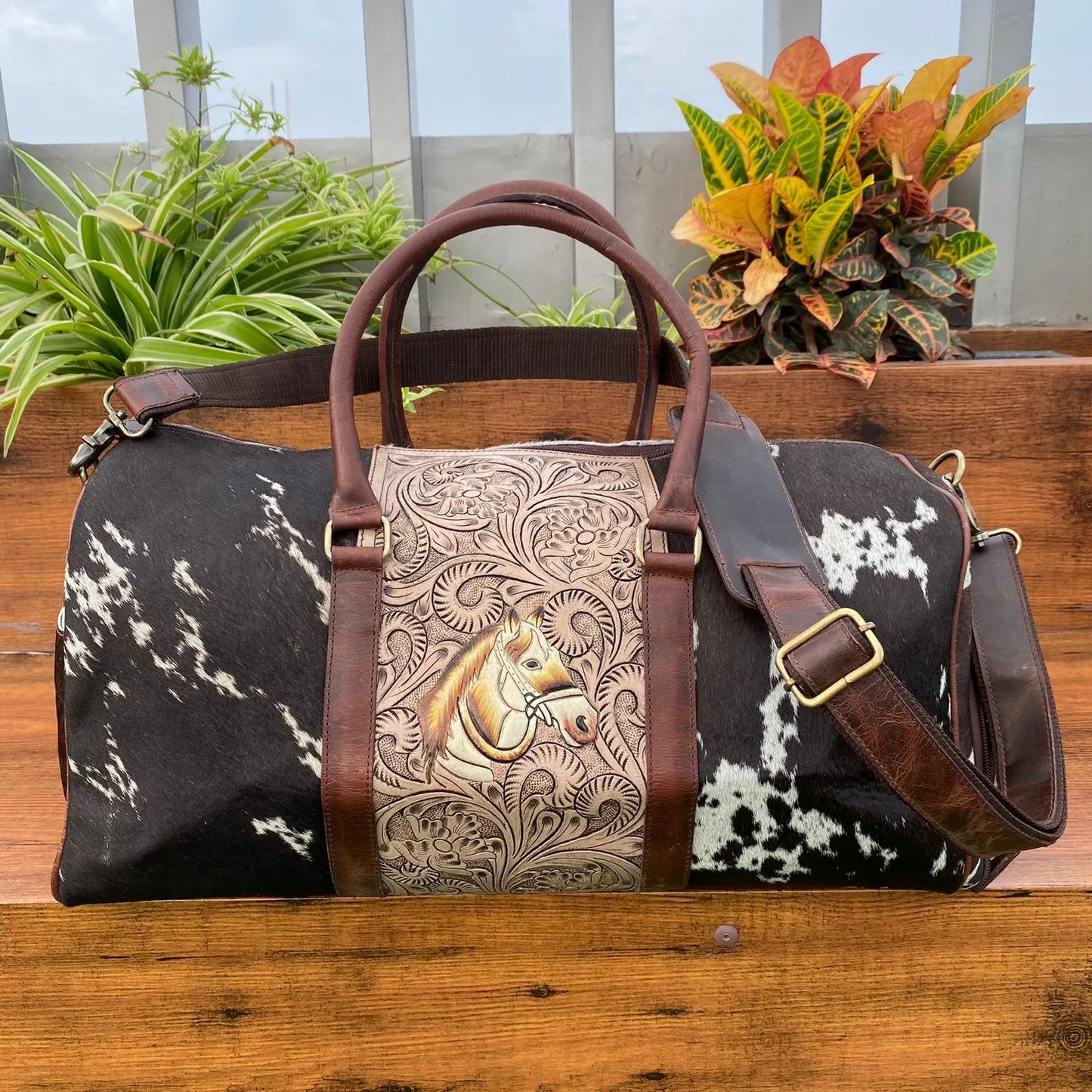 Tooled Cowhide Travel Duffle Bag