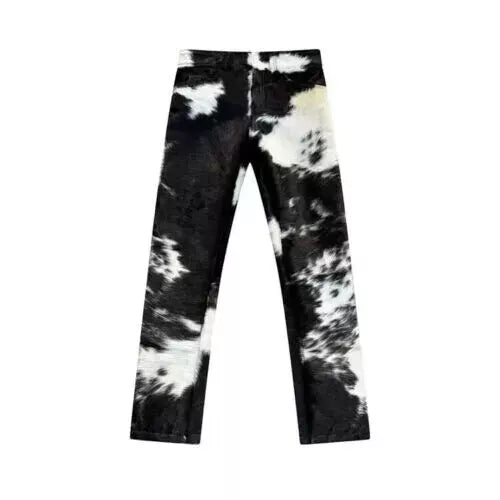 Black white cow hide pants for men and women made from real cowhide leather. Great for rodeo nights, country fashion, and southern lifestyle wear.