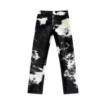 Black white cow hide pants for men and women made from real cowhide leather. Great for rodeo nights, country fashion, and southern lifestyle wear.