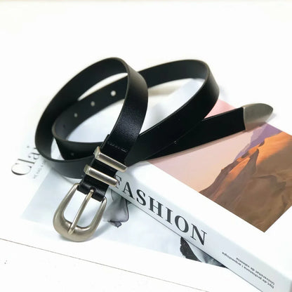 Retro silver buckle cowhide women leather belt