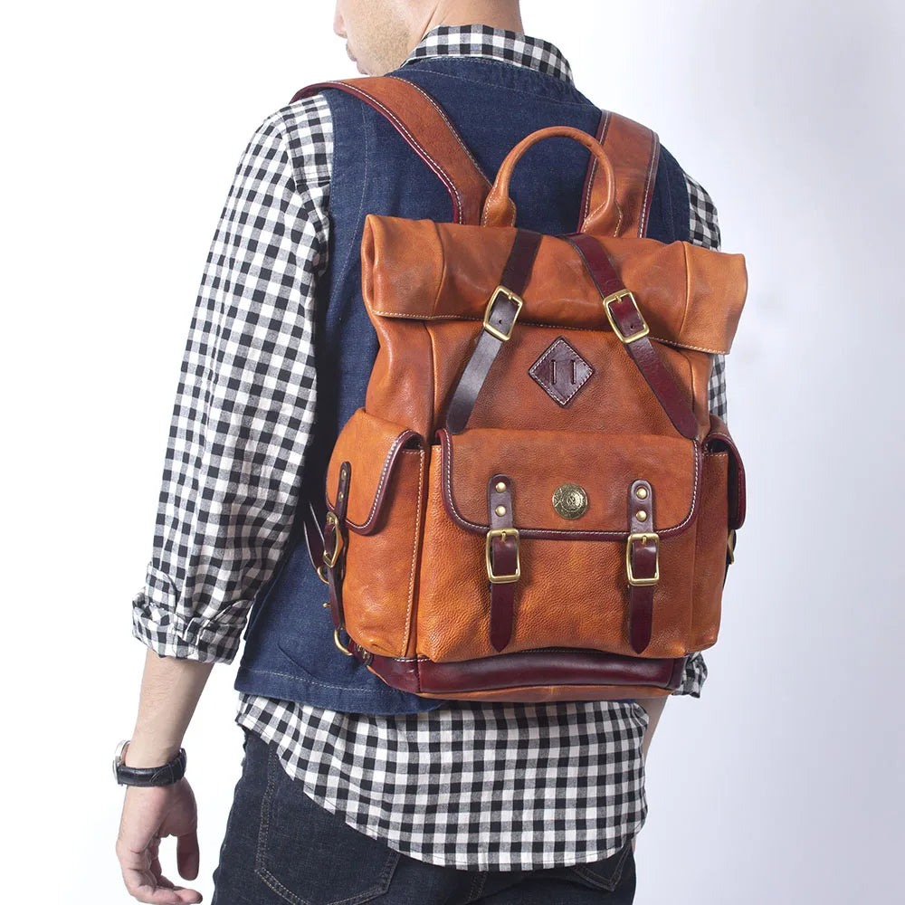 Genuine Leather Backpack Men Women Office Laptop Rucksack