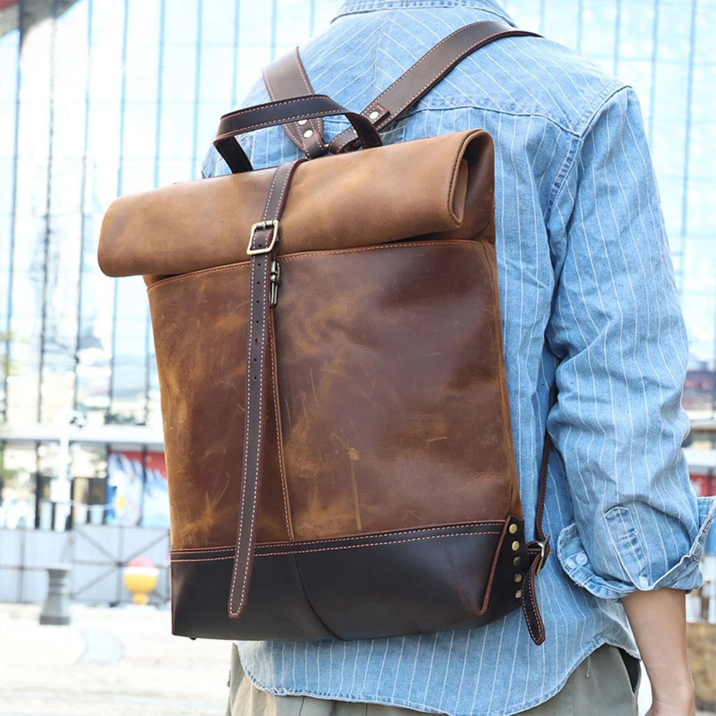 Real Leather Roll Up Backpack