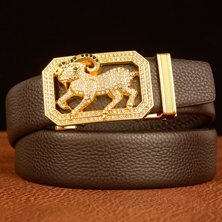 Men’s Sheep Zodiac Leather Rodeo Belt with Gold Buckle