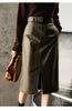 Olive Green Sheepskin Mid Length Leather Skirt with Belt and Slit
