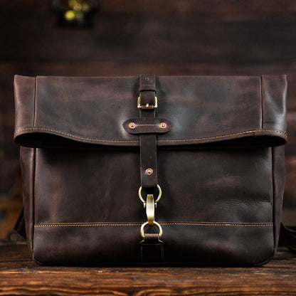 Men’s Crazy Horse Cowhide Leather Motorcycle Messenger Bag