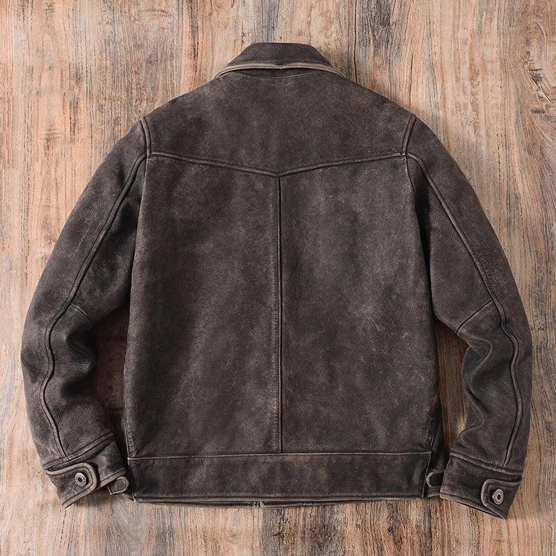 Men Distressed Cowhide Leather Trucker Jacket