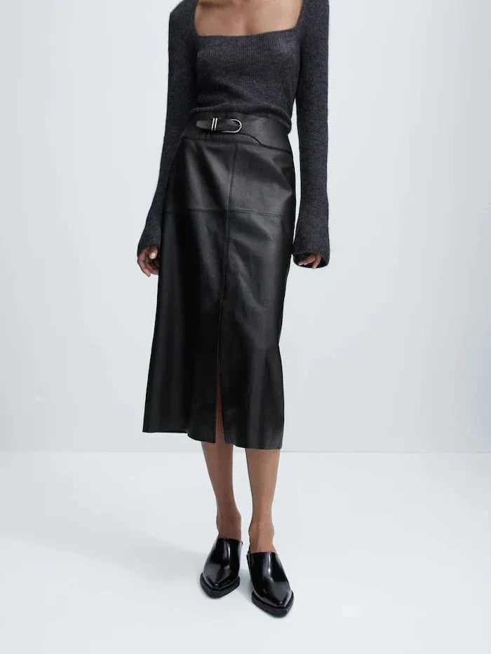 Women sheepskin leather midi skirt with belt