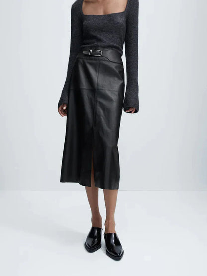 Women sheepskin leather midi skirt with belt