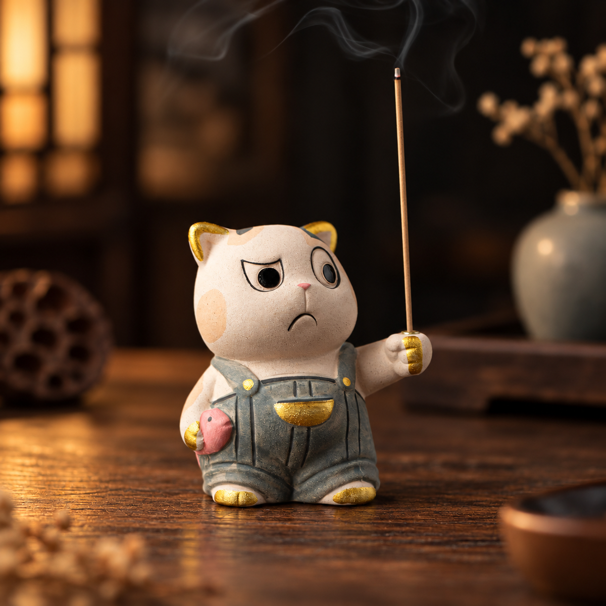 Stick Incense Holder Cute Cat Figurine with Optional Round Tray